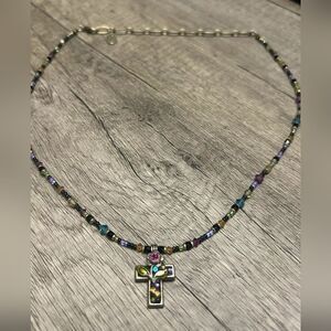 Vintage Gold Tone Beaded Michal Golan Signed Cross Necklace